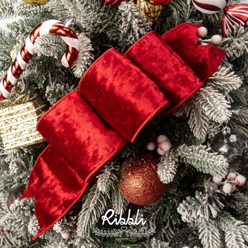 Image of Ribbli Red Velvet Wired Ribbon 4 Inch Metallic Red Gold Crushed Velvet Christmas Ribbon for Gift Wrapping Christmas Tree Decoration Crafts Wreaths Supplies-Continuous 10 Yards