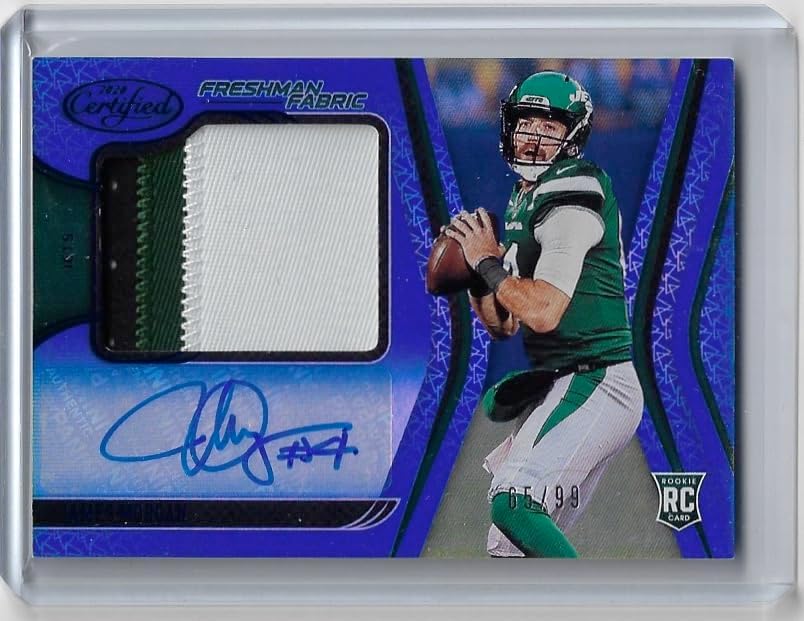 James Morgan Autographed & Serial Numbered #65/99 Freshman Fabric Blue Rookie Patch Jersey Relic Memorabilia Collectible Football Card - 2020 Leaf Certified Football Card #239 (Jets)