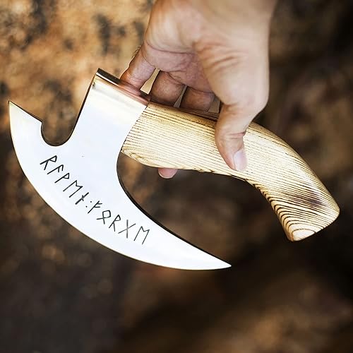 Miniatura 6 de Forest HuntingViking Steel Pizza Axe Authentic Medieval Pizza Cutter Axe Hand forged ax Rocking Pizza Gift Knife with leather sheath (Polished