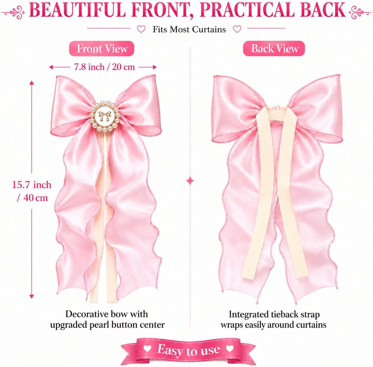 2 Pack Pink Bow Curtain Tiebacks - Decorative Satin Curtain Holdbacks