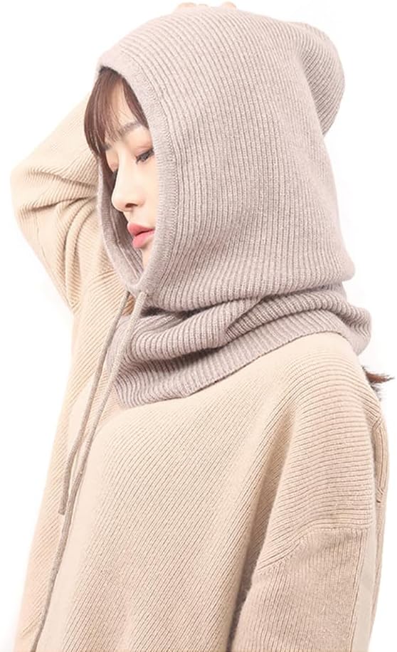 Winter Hats for Women, Wool Blend Hooded Scarf Hat for Women Men Beanie Skull Cap with Drawstring Warm Winter Hats Black