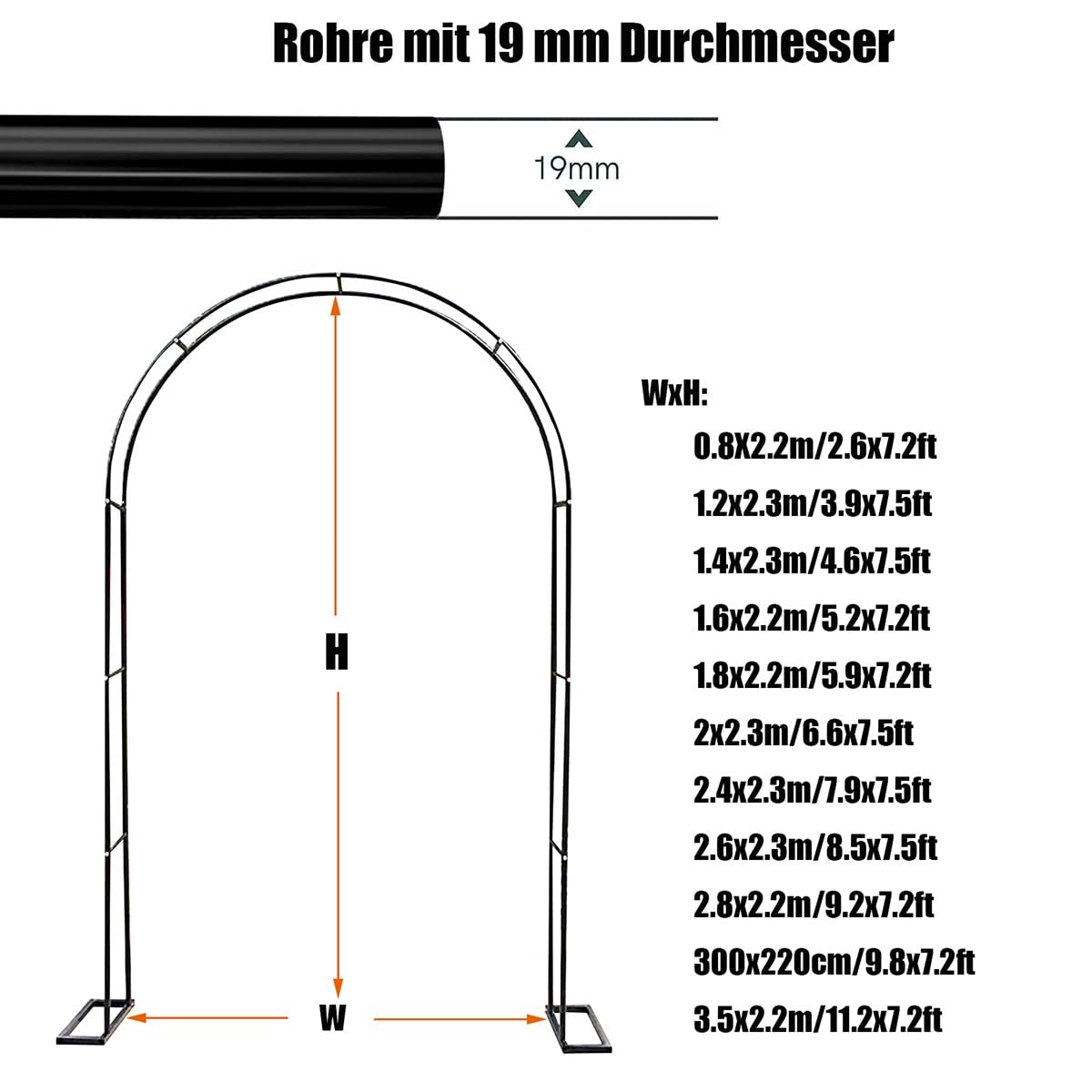 Nero Arco da giardino Arco per Piante da Rose Arco Nuziale metallo 2.0x2.30m 2.40x2.30m 2.80x2.20m 3.0x2.20m per Decorazione Giardino, Pergolato(120x230cm)
