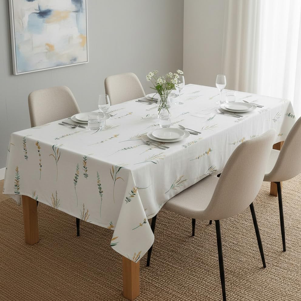 Image of HOMEMONDE 100% Cotton 4 Seater Table Cloth, 45 x 60 Inches Floral Printed Table Cover for Home Decor (114 x 152 CM, Leafscape - Yellow & Green)