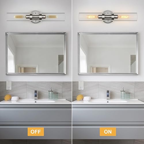 Miniatura 5 de WILON Luces de tocador de níquel cepillado, lámpara de tocador de baño de 2 luces con pantallas de vidrio transparente, apliques modernos con base