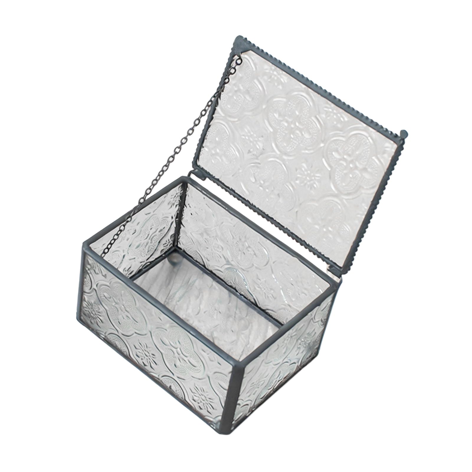 Glass Jewelry Box, Embossed Trinket Storage Case with Clear Panels and Metal Frame, Small Items Organizers for Dresser or Shelf Display Glass Jewelry Box Embossed Trinket Clear Display Vanity Dresser
