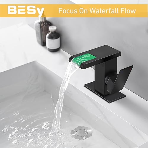 Miniatura 3 de BESy Grifo LED de latón macizo en cascada negro, grifo de fregadero de un solo agujero, grifo de baño, tapón de drenaje desplegable con