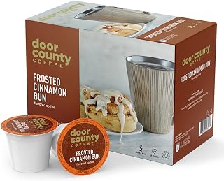 Door County Coffee Frosted Cinnamon Buns Flavored Ground - 10 Count Single Serve Cups - Medium Roast - 100% Specialty Arabica - Flavored Gourmet - Sweet Cinnamon Flavored