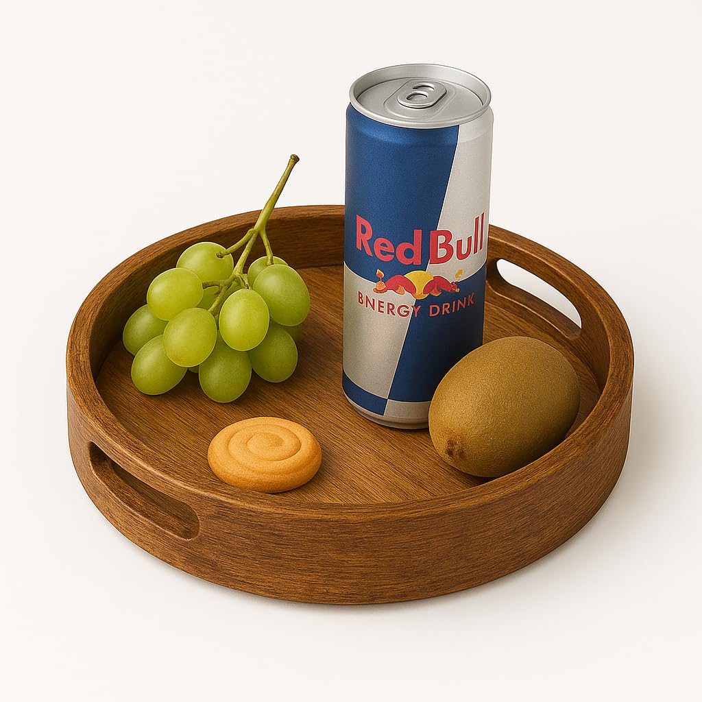 Craft Expertise Round Wooden Serving Tray - 11x11 Inches, Decorative Rustic Brown Mango Wood Platter with Handles - Handmade Home Décor Tray for Coffee Table, Kitchen (Pack-1) 1