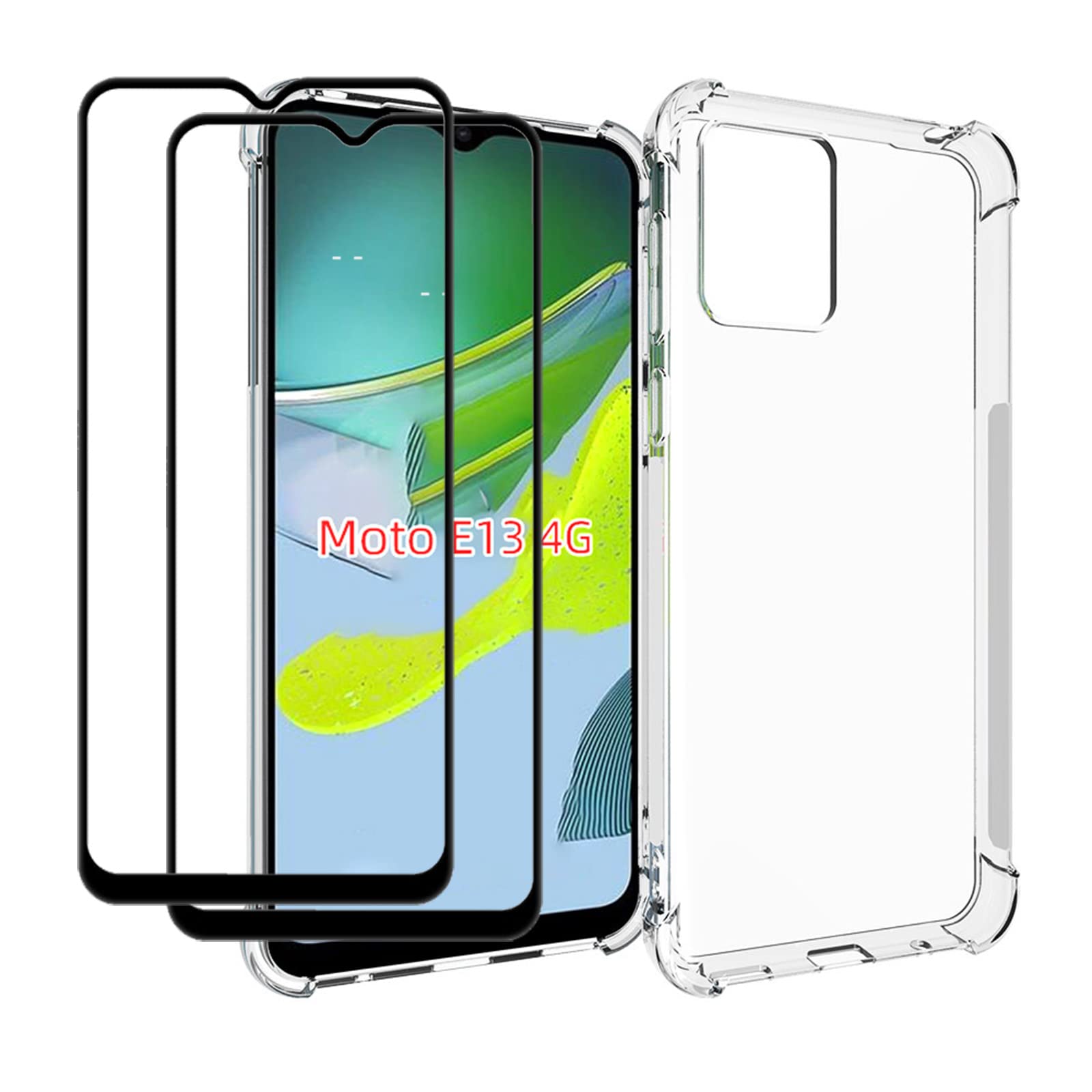 EasyLifeGo for Motorola Moto E13 4G Case with Tempered Glass (2 Pieces) Slim Shock Absorption TPU Soft Edge Bumper with Reinforced Corners Transparent Protective Cover