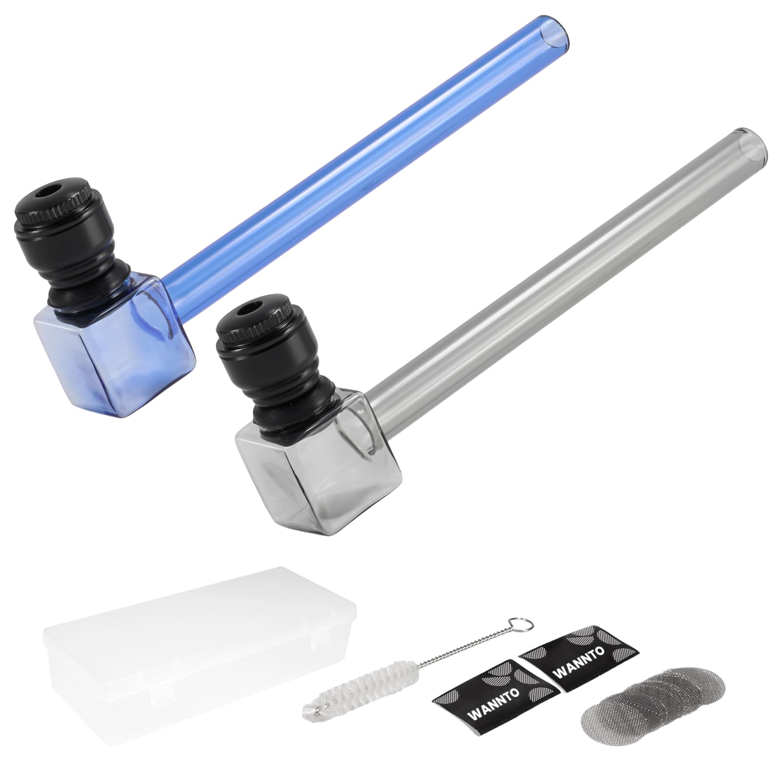 WANNTO 2-Pack Glass Smoking Pipe, Borosilicate Pipe with Metal Bowl