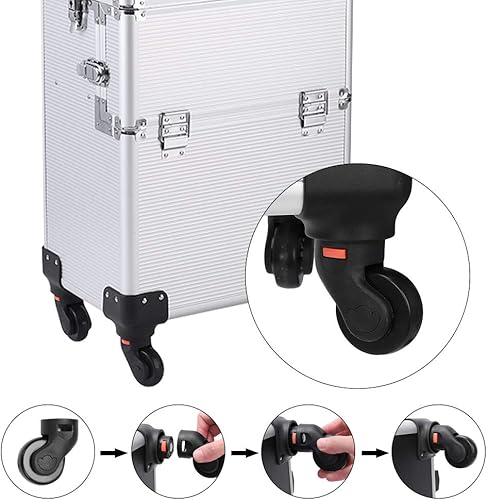 Miniatura 2 de Flandre Estuche de aluminio 3 en 1, organizador de cosméticos de belleza, caja de viaje de maquillaje, caja de tren con ruedas, bandejas plegables y