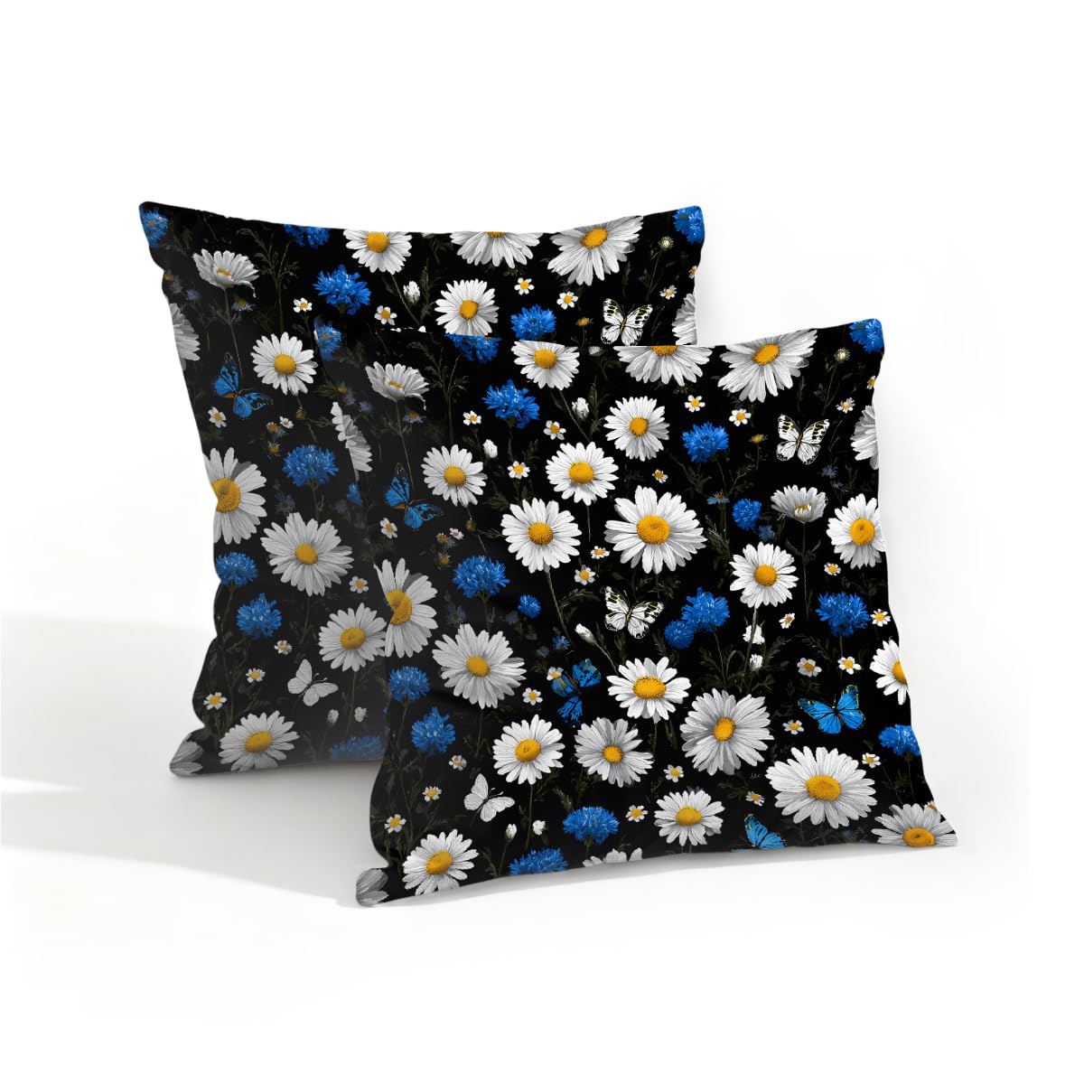 Outdoor Pillow Covers Waterproof Pillowcases 16x16in Set of 2 Daisy Floral Wildflowers On Black Decorative Throw Cushion Case for Couch Sofa Garden Patio Furniture