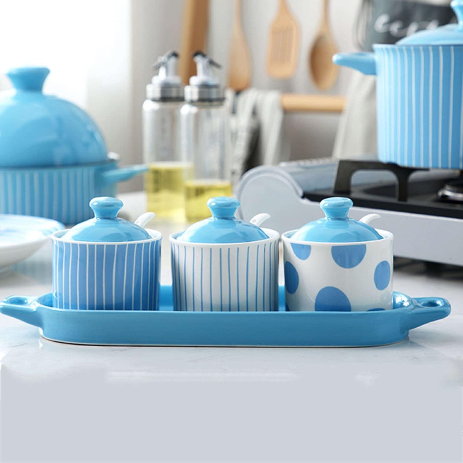 Sugar bowlNordic Blue Sugar Bowl with Lid Kitchen Decoration Storage Jar Sugar Pot Moisture-Proof and Dust-Proof Spice Jar for Coffee-Red-250ml,Yellow-One Size