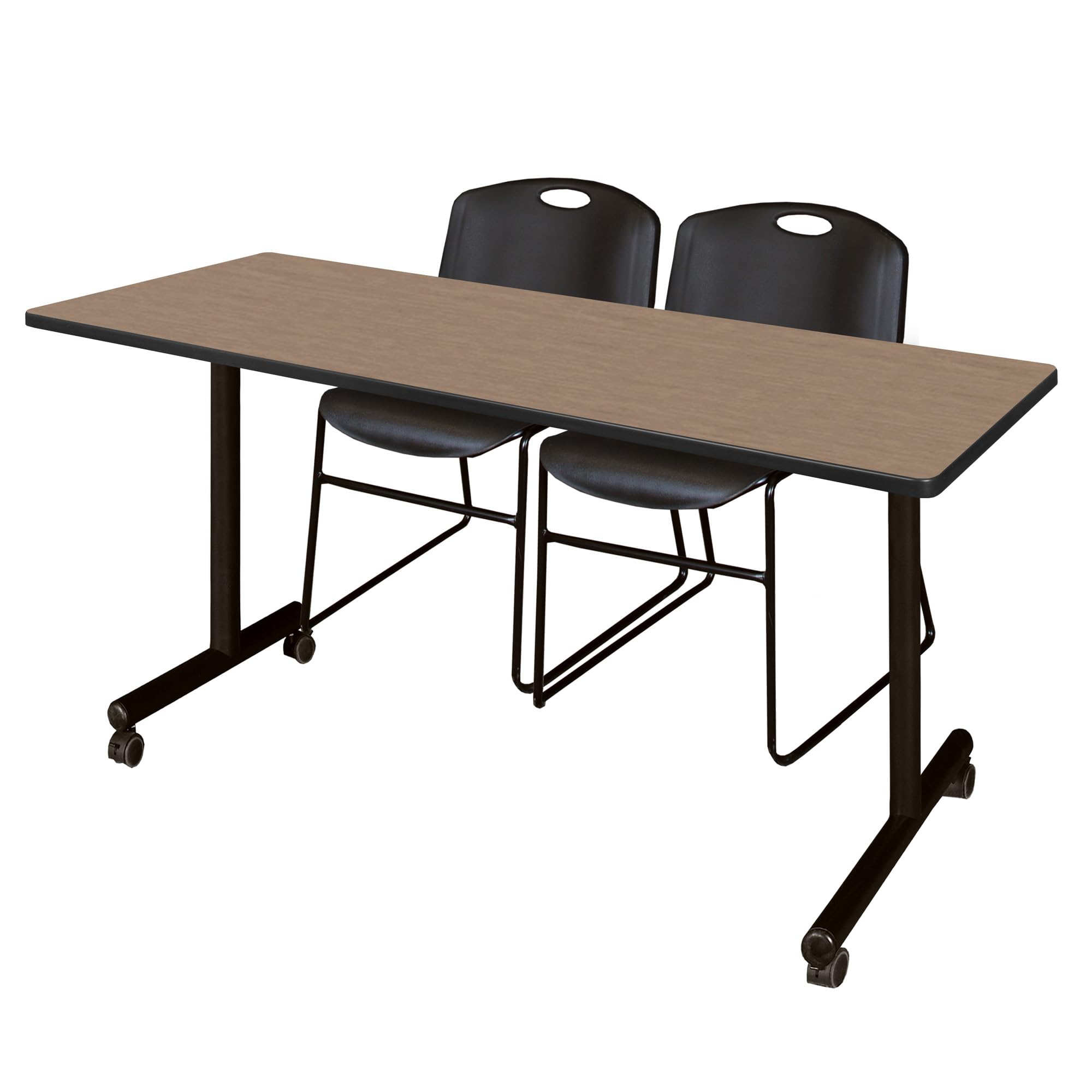 Regency Kobe 60 x 24 in. Mobile T-Base Training Table- Noble Oak, 2 Zeng Stack Chairs- Black