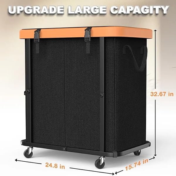 190L (50 Gal) Large Fashion Laundry Basket with Wheels, Leather Patchwork Rolling Hamper Carts, Sturdy Metal Frame, Removable Washable Bag, Tall Clothes Sorter for Bedroom - 2 Setion Black by alentar - Image 7
