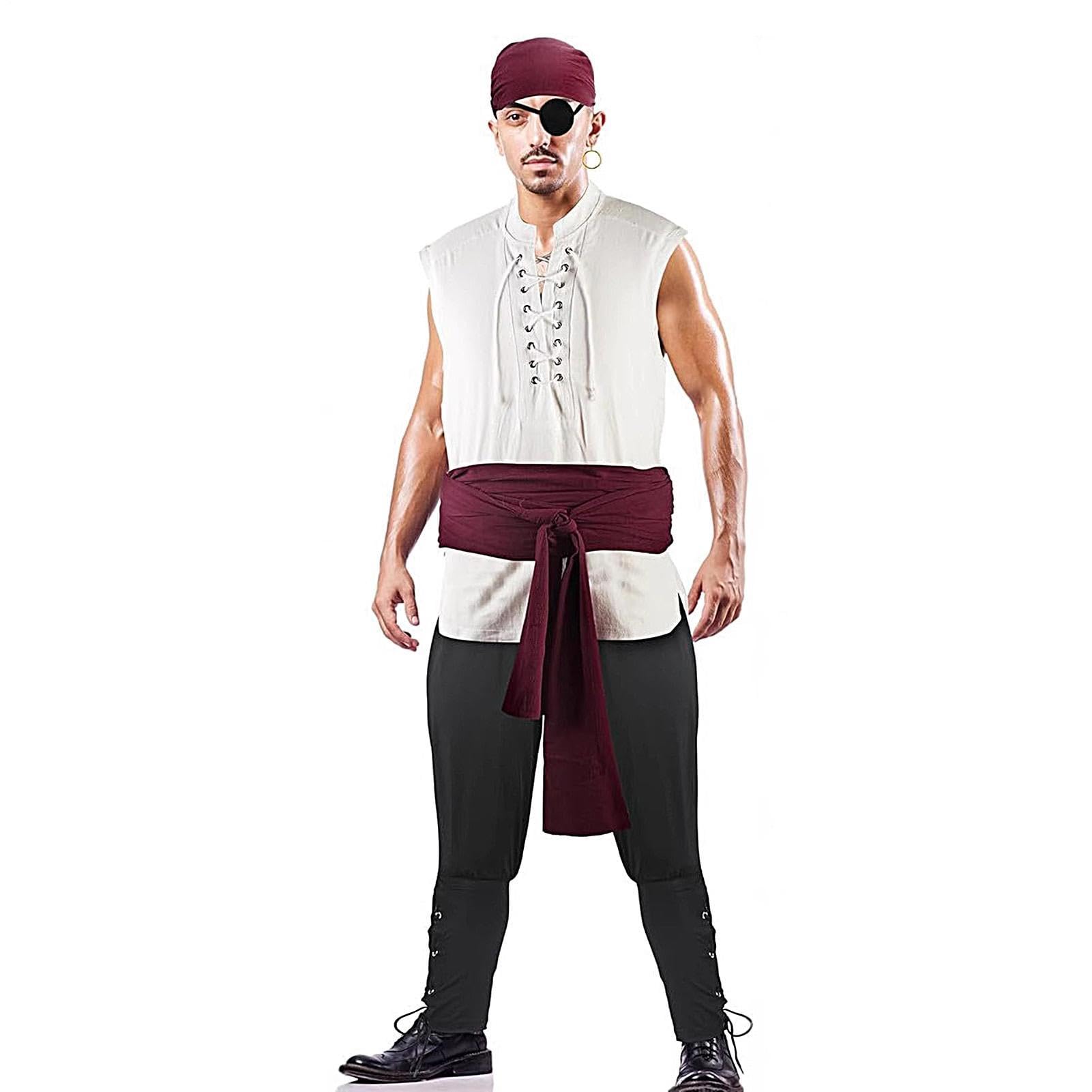Costume da pirata da uomo, per Halloween, cosplay, set con camicia, pantaloni, bandana e | Set di accessori da pirata per cosplay, feste, spettacoli, festival, sfilate, balli di fine anno, eventi