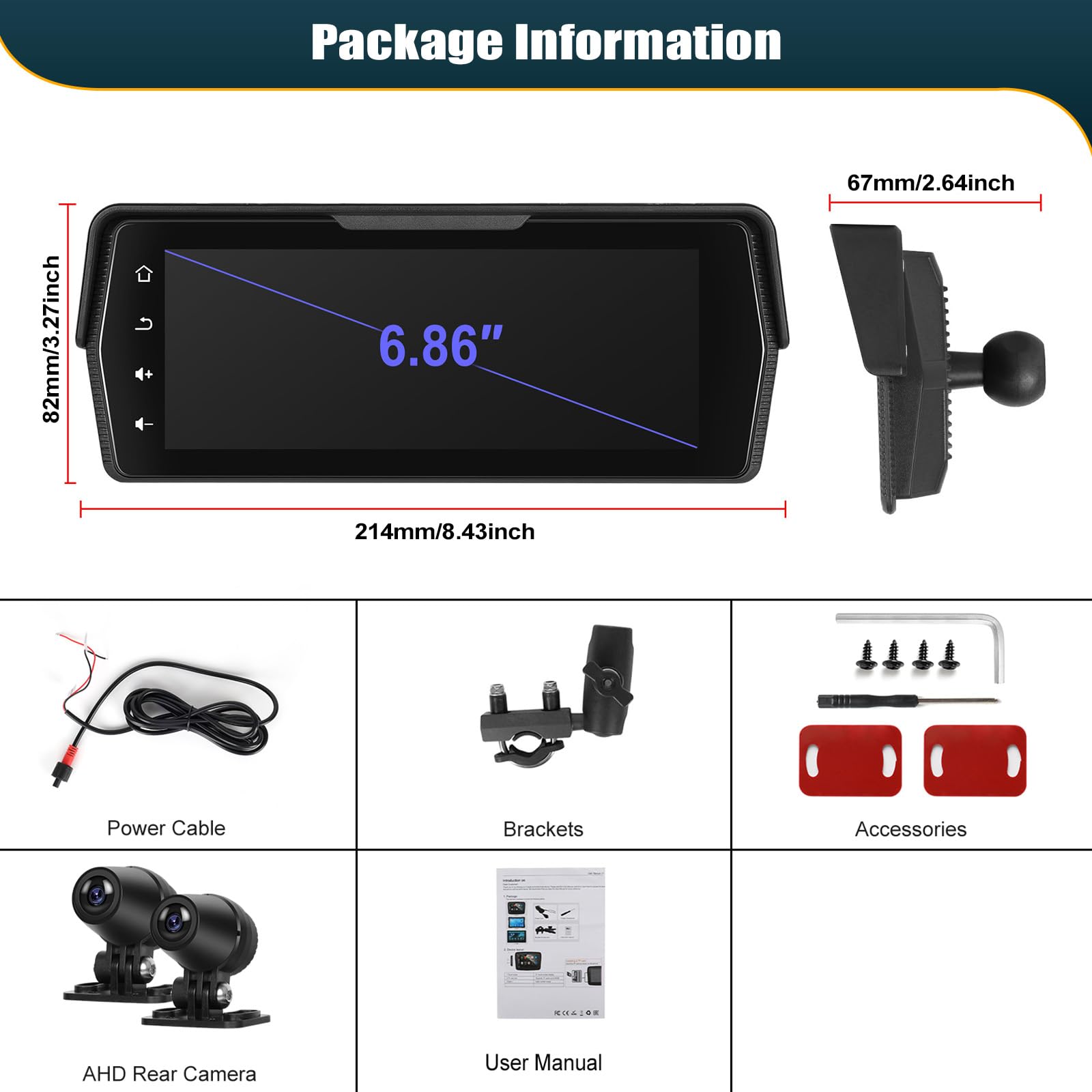 CMAECHO [2025] Dashcam Motorrad Carplay mit Vorne/Hinten Kamera, 6.86 Zoll HD Touchscreen IP68 Wasserdichter Motorräder mit Dual Bluetooth WiFi Android Auto Mirror Link Siri/G00gle Assistant