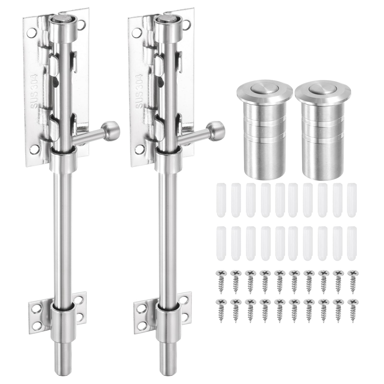 sourcing map 2-Pack Slide Bolt Latch, 10 in 304 Stainless Steel Barrel Bolt Latch Heavy Duty Door Latches Lock 12mm Dia Bar with Dust Container for Barn Wooden Fence Shed Door [Silver]