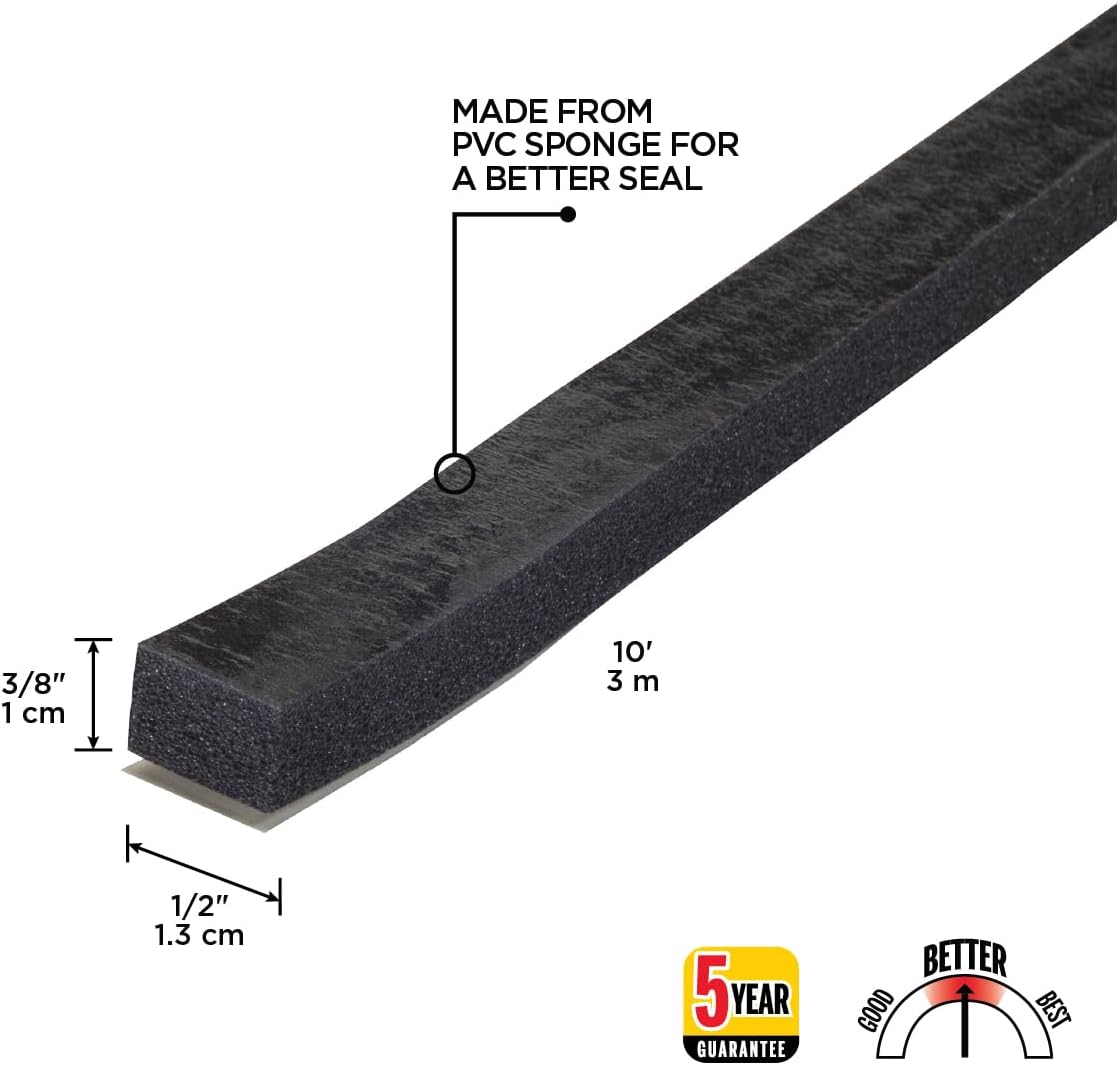 M-D Building Products 06619 3/8 in. x 1/2 in. x 10 ft. Black Sponge Window Seal for Large Gaps