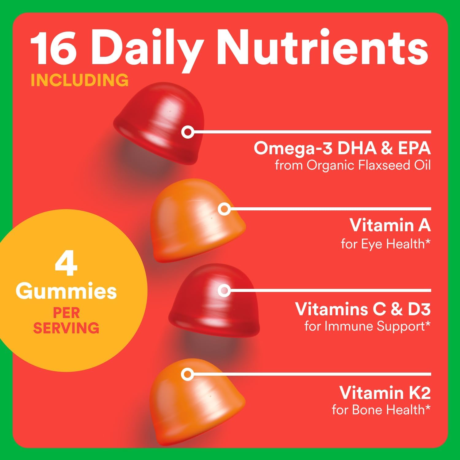 SmartyPants Organic Kids Multivitamin Gummies: Omega 3 (ALA), Vitamin D3, C, Vitamin B12, B6, A, K & Zinc for Immune Support, Biotin, Vegetarian, Three Fruit Flavors, 120 Count (30 Day Supply) - Image 4