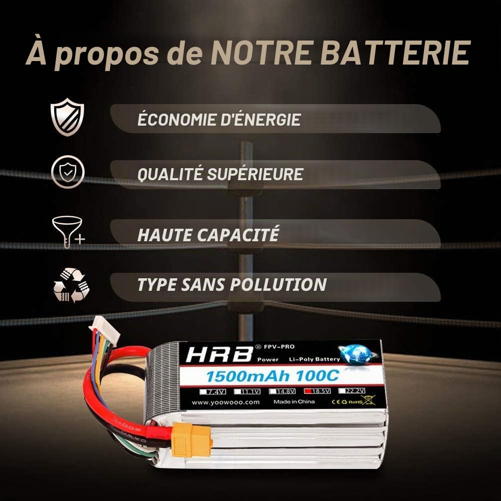 HRB Lot de 2 batteries Lipo 5S 18,5 V 1500 mAh 100 C avec prise XT60 pour hélicoptère RC avion, voiture, bateau, camion