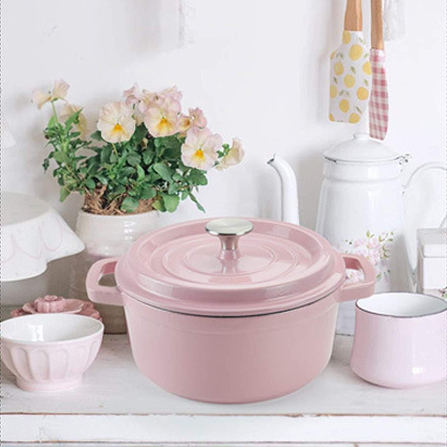 Cazuela Redonda de Hierro Fundido esmaltado para Horno, Olla de Horno con Perilla de Acero Inoxidable, para Preparar Comidas Bajas y lentas, cazuela Antiadherente de Hierro Fundido de cocció