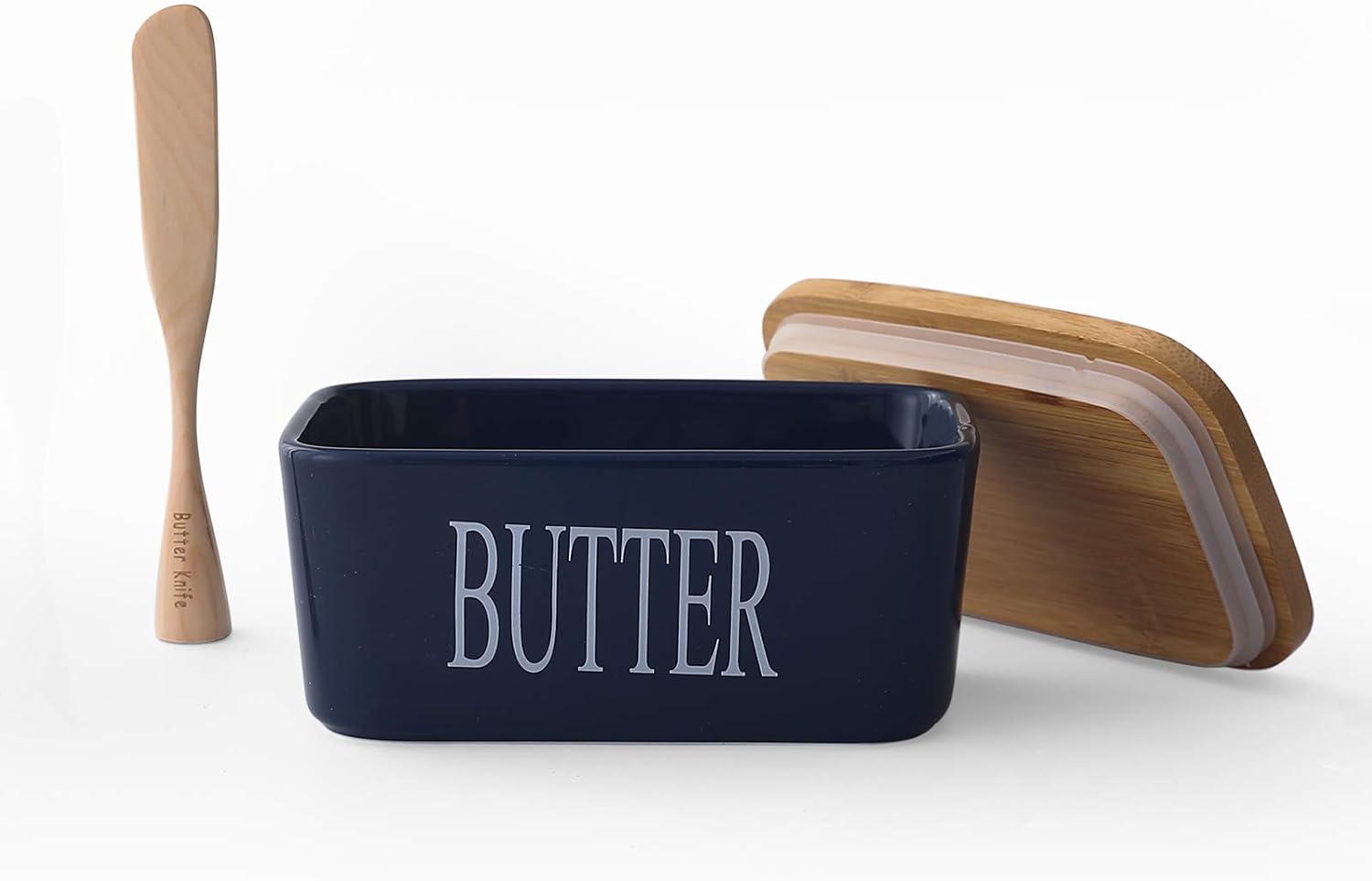 Porcelain Butter Dish with Wooden Knife, 21 OZ Ceramic Butter Keeper with Bamboo Lid, Airtight Butter Container with Cover Holds Up to 2 Sticks for Good Kitchen Gift, Blue