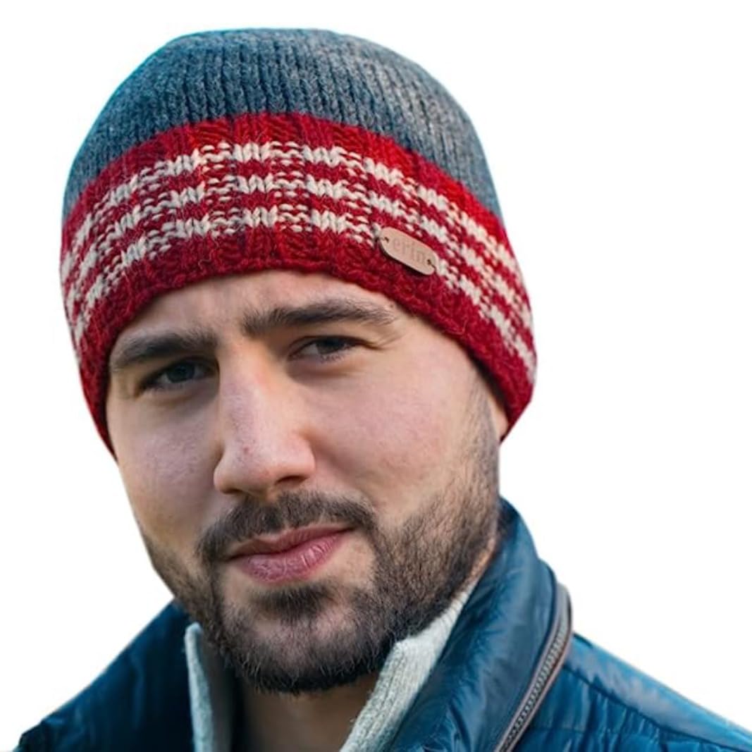 Irish Wool Fisherman's Knit Beanie Hat with Trim, 100% Wool, Hand Wash Only, Red, One Size
