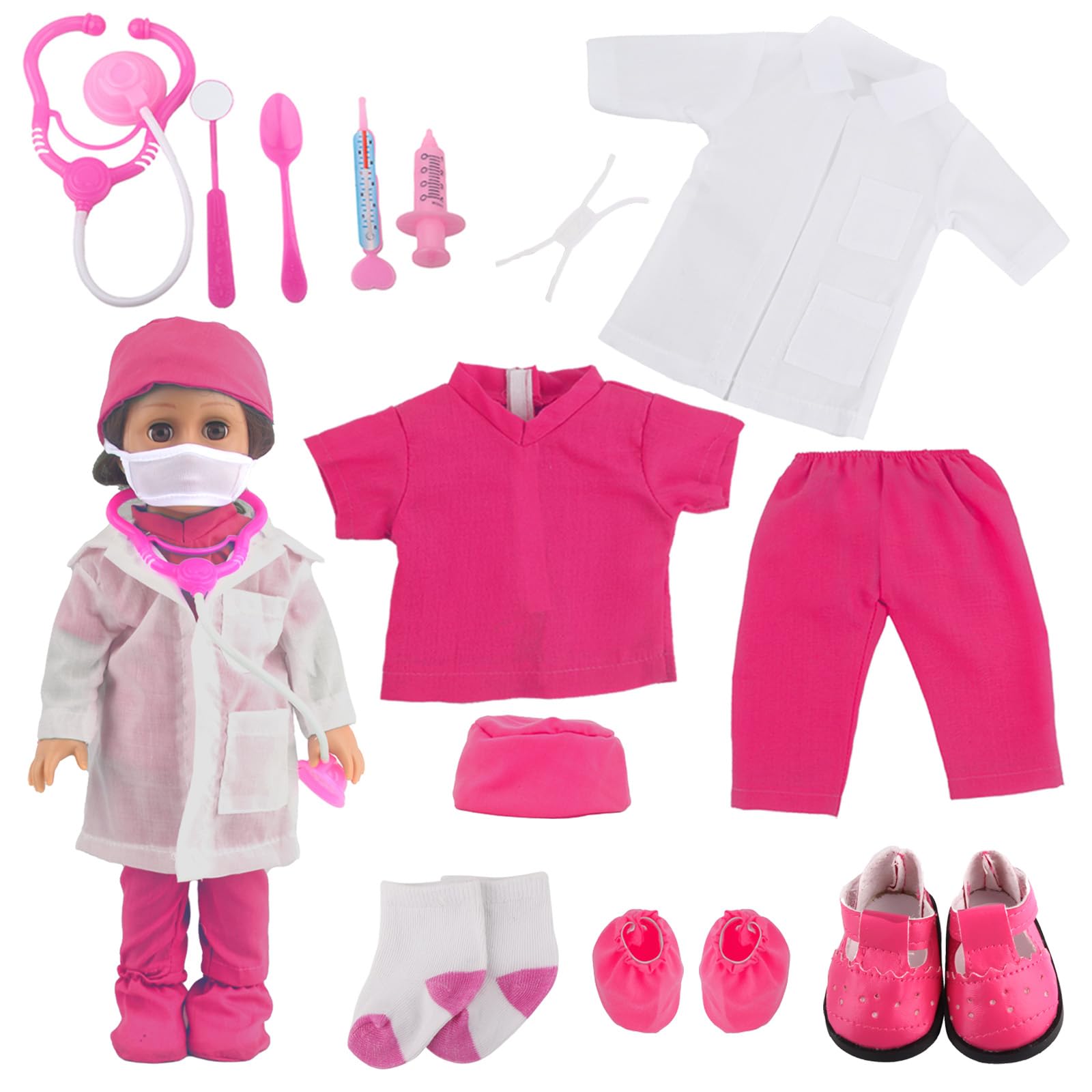 18-Inch Doll Doctor Playset-Pretend Play Medical Kit with White Coat,Scrubs & Surgical Tools,STEM Roleplay Costume for Kids Ages 3-12,Fits Most 18-Inch Girl & Boy Dolls(Rosy)