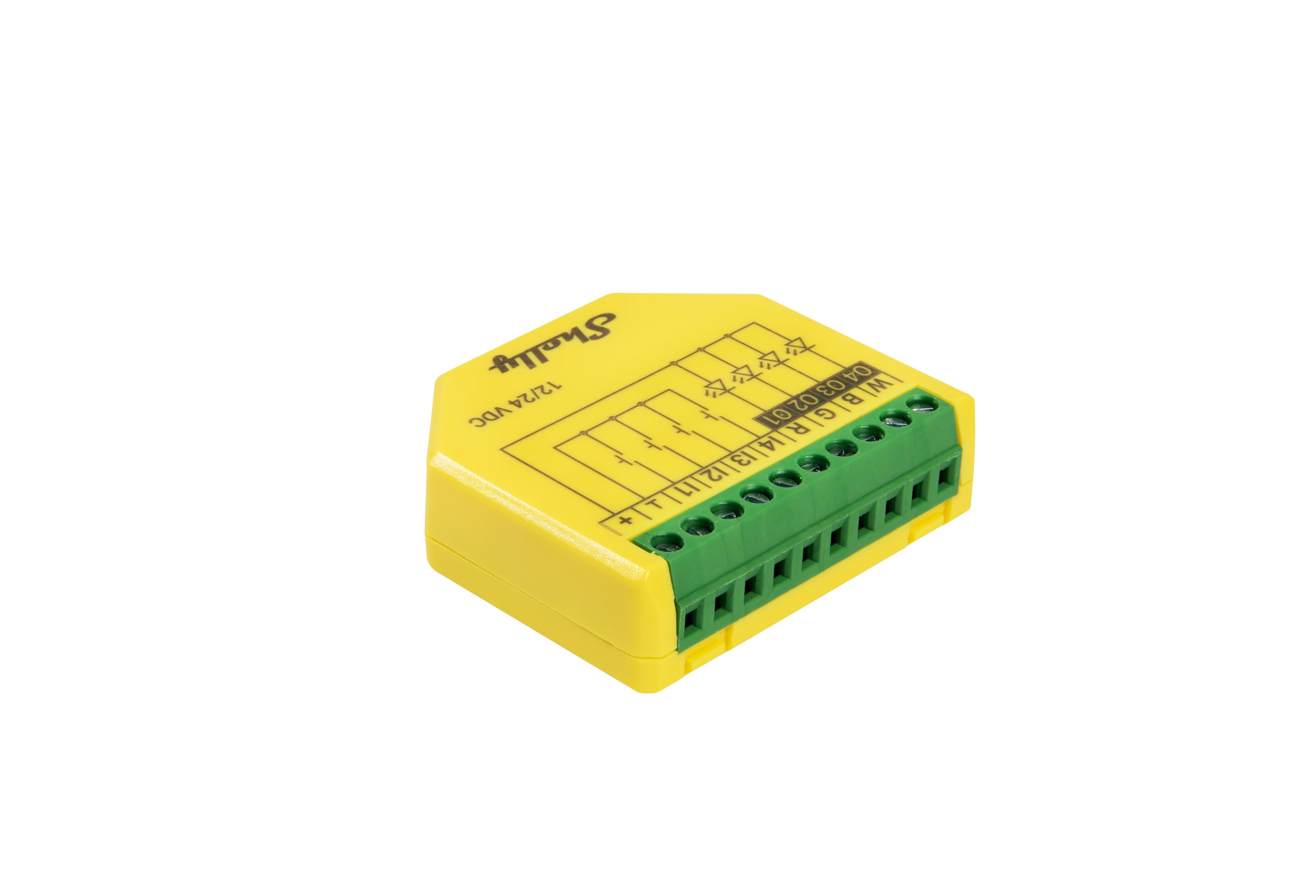 Shelly Plus RGBW PM, Modulo di Controllo RGBW per Strisce LED Wi-Fi & Bluetooth, con Misuratore di Consumo, Luce Bianca o Colorata, Dimmerabile, Nessun Hub Richiesto, App iOS Android, Giallo