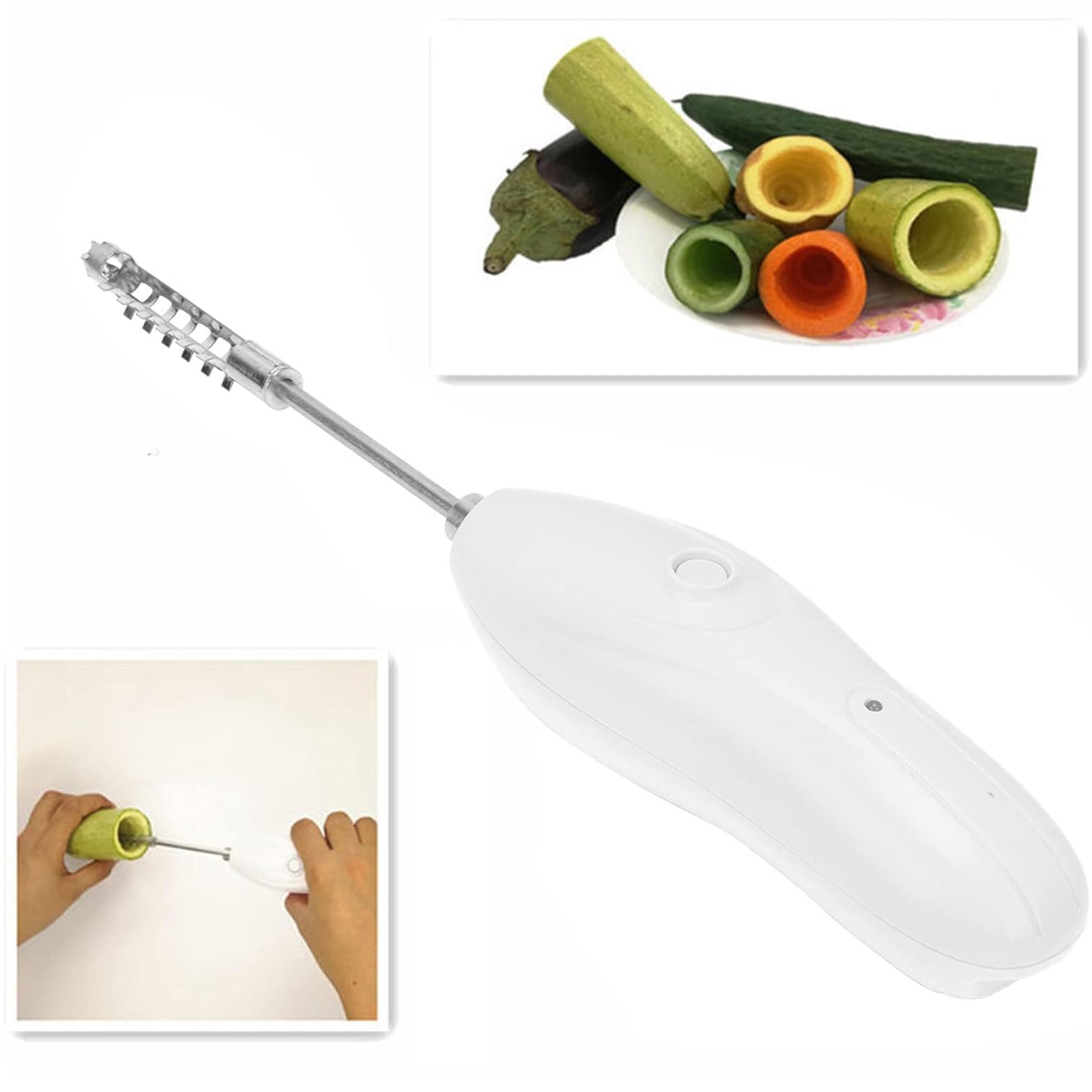 Descorazonador eléctrico de verduras y pescado, máquina de raspado inalámbrica con 2 cabezales de corte de acero inoxidable, descorazonador de frutas y calabacín para mariscos, pepino y frutas