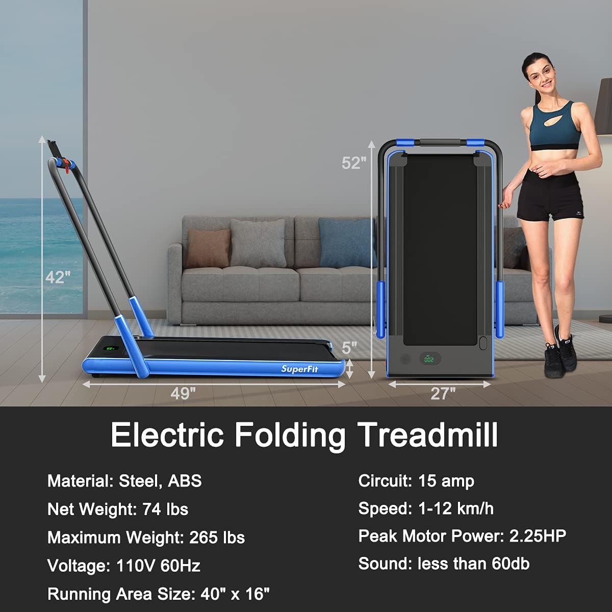 Diagram showing the multi-layer running belt construction, including wear-resistant surface, sound insulation layer, high strength support layer, shock absorbing layer, and compression layer.