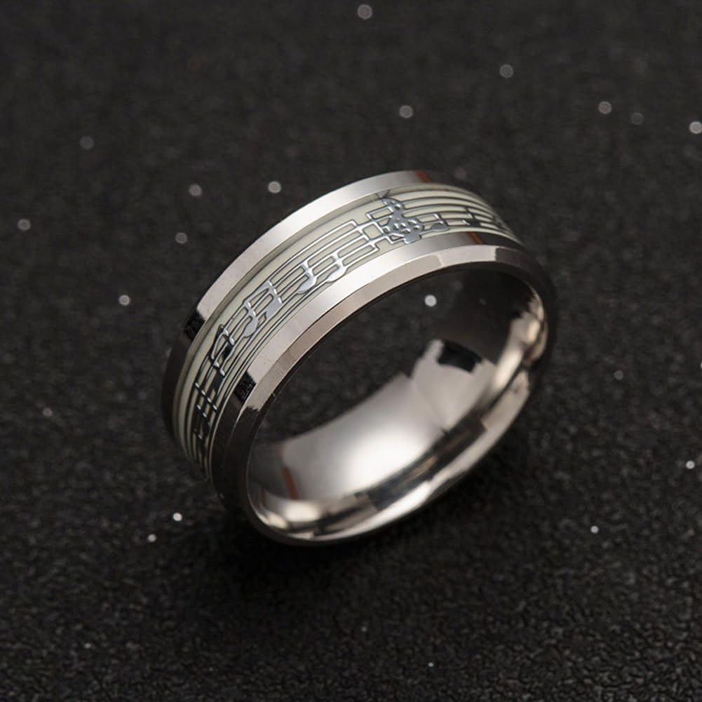 JAJAFOOK Men's 8mm Stainless Steel Ring, Luminous Glow in The Dark Piano Keyboard Music Note Band, Polished Comfort Fit