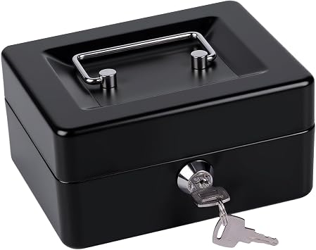Money Tin Box with Key, Portable Cash Box with Coin Tray, Small Cash Tin for Home, Office and Events Black-small
