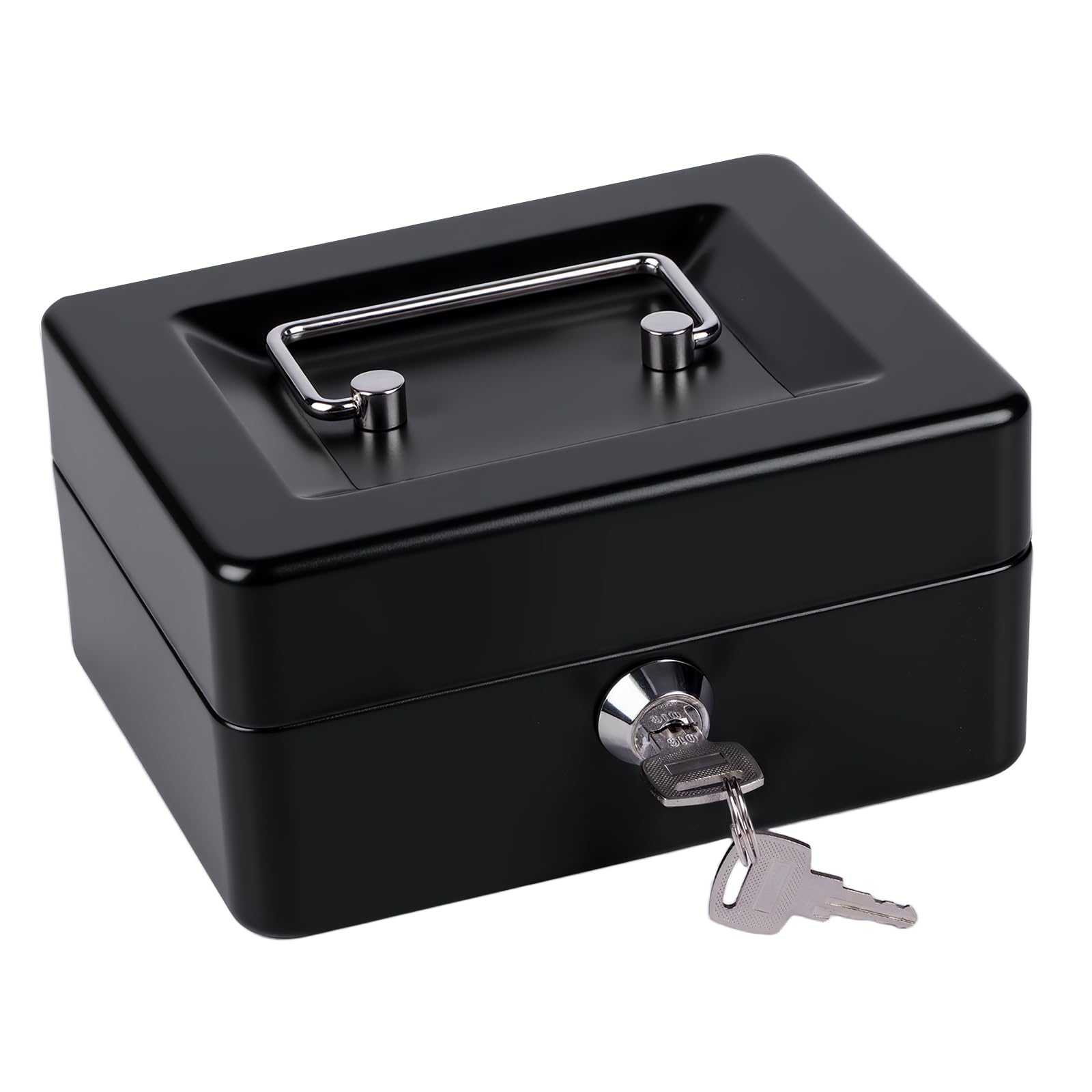Money Tin Box with Key, Portable Cash Box with Coin Tray, Small Cash Tin for Home Office and Events (Black-small)