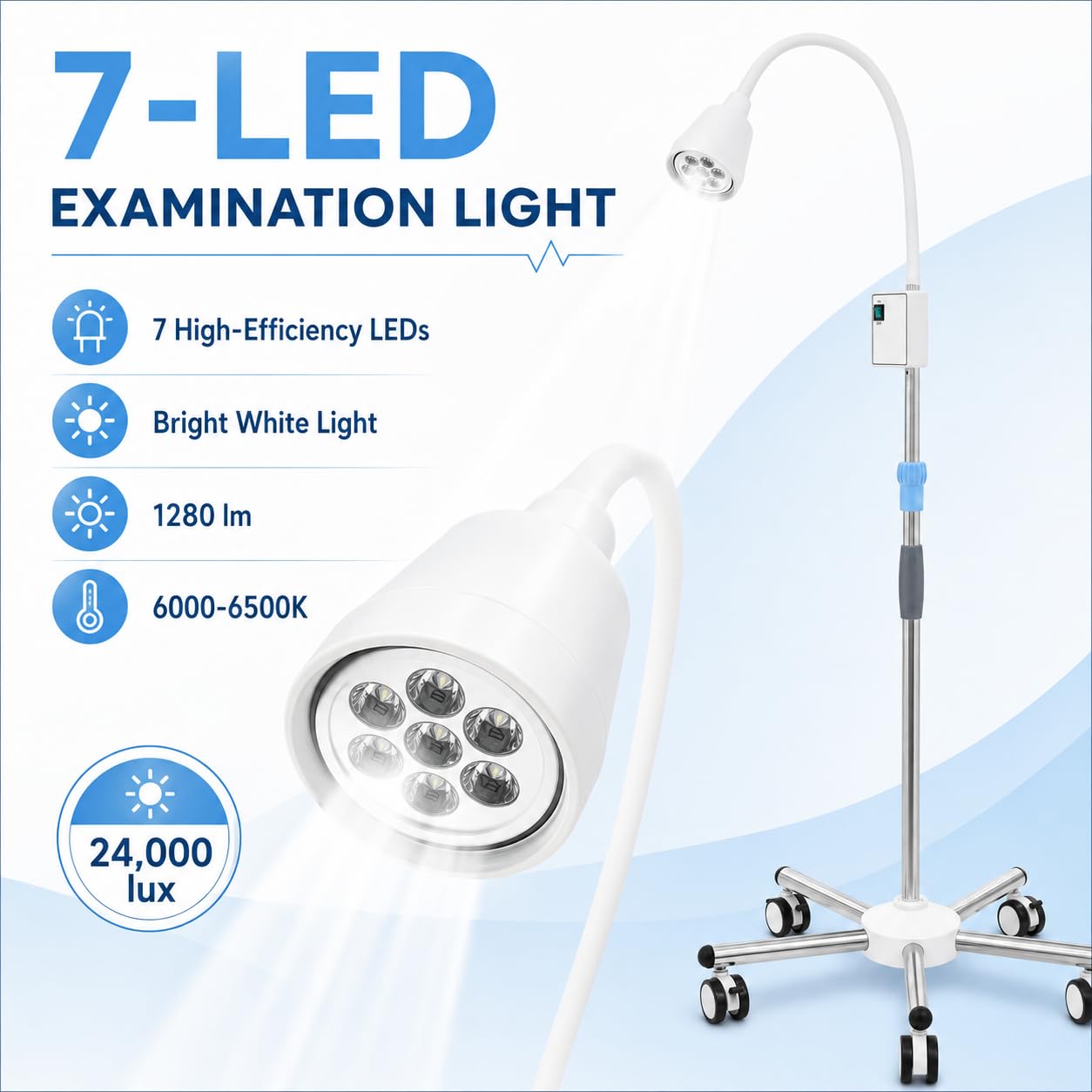 Lampe Chirurgicale Médicale Dentaire Rotation à 360° LED Lampe D'examen Chirurgical Type Support De Sol Avec Roues,Pour Usage Ambulatoire, Dentaire, Familial (Avec 5 roulettes)