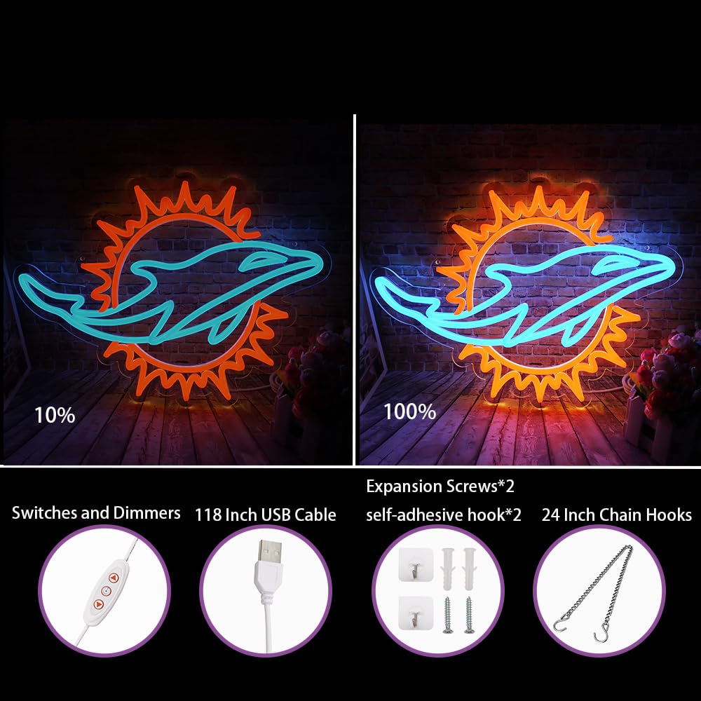 Letrero de neón de equipo deportivo de rugby adecuado para delfines para decoración de pared, alimentado por USB, intensidad regulable, luces LED para dormitorio, hombres, cueva, hogar, bar