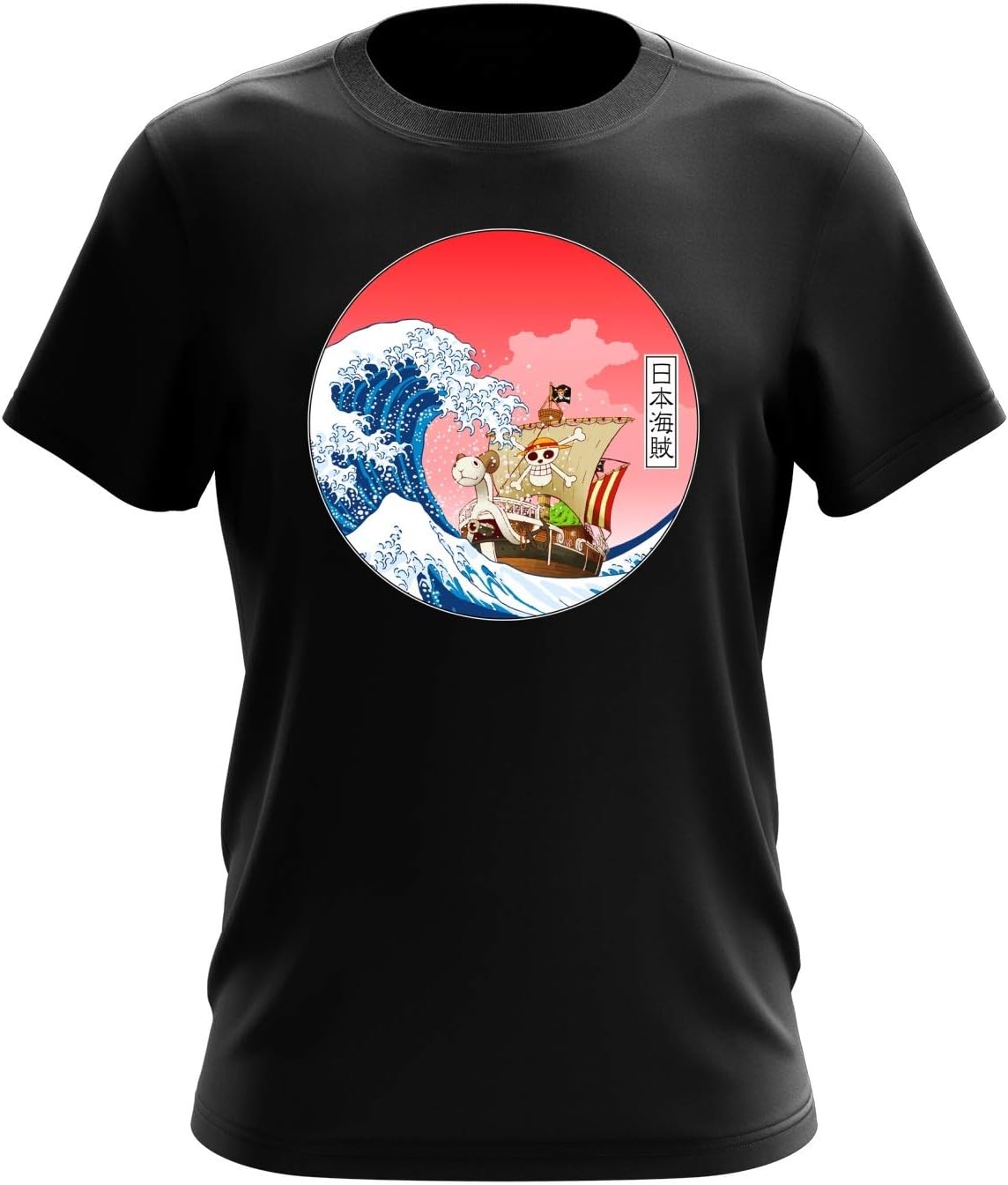 Okiwoki Funny One Piece Black T-Shirt - Going Merry X The Great Wave of Kanagawa (One Piece Parody) (Ref:801)