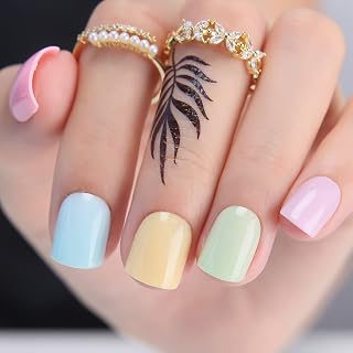 60pcs Short Rainbow Press On Nails Multicolor Square Glossy Fake Nails Full Cover False Nails for Women and Girls