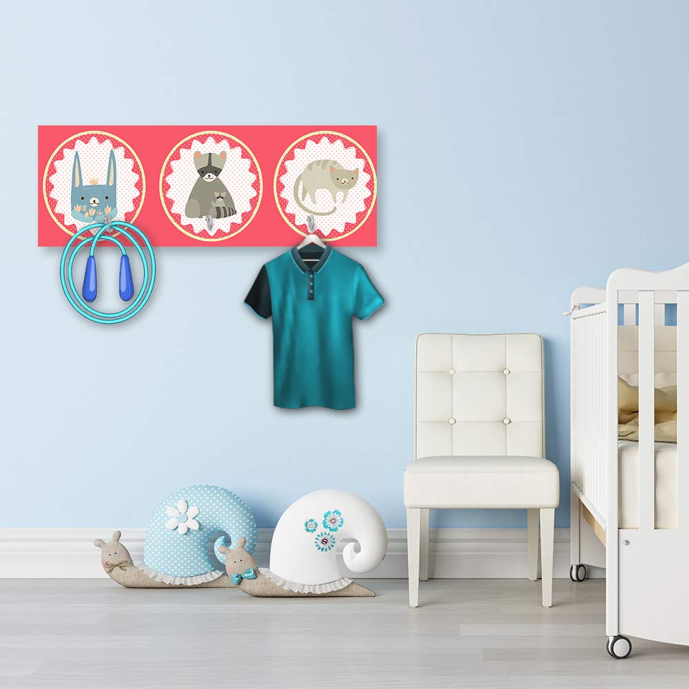 Feeby Tableau Patère murale animaux avec crochets pour chambre de bébé rouge 70x25 cm