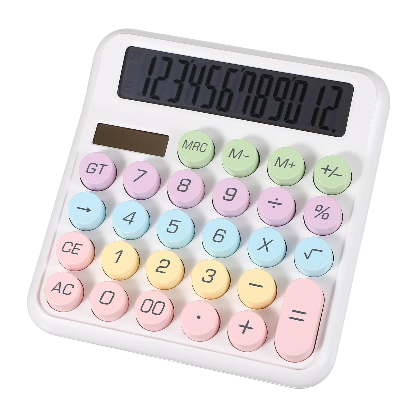 PATIKIL Cute Calculator, Desk Calculator Basic Big Button 12 Digit Large Display Mechanical AAA Battery Solar Power for Office Supplies Girl Female Woman Gift, Colorful White