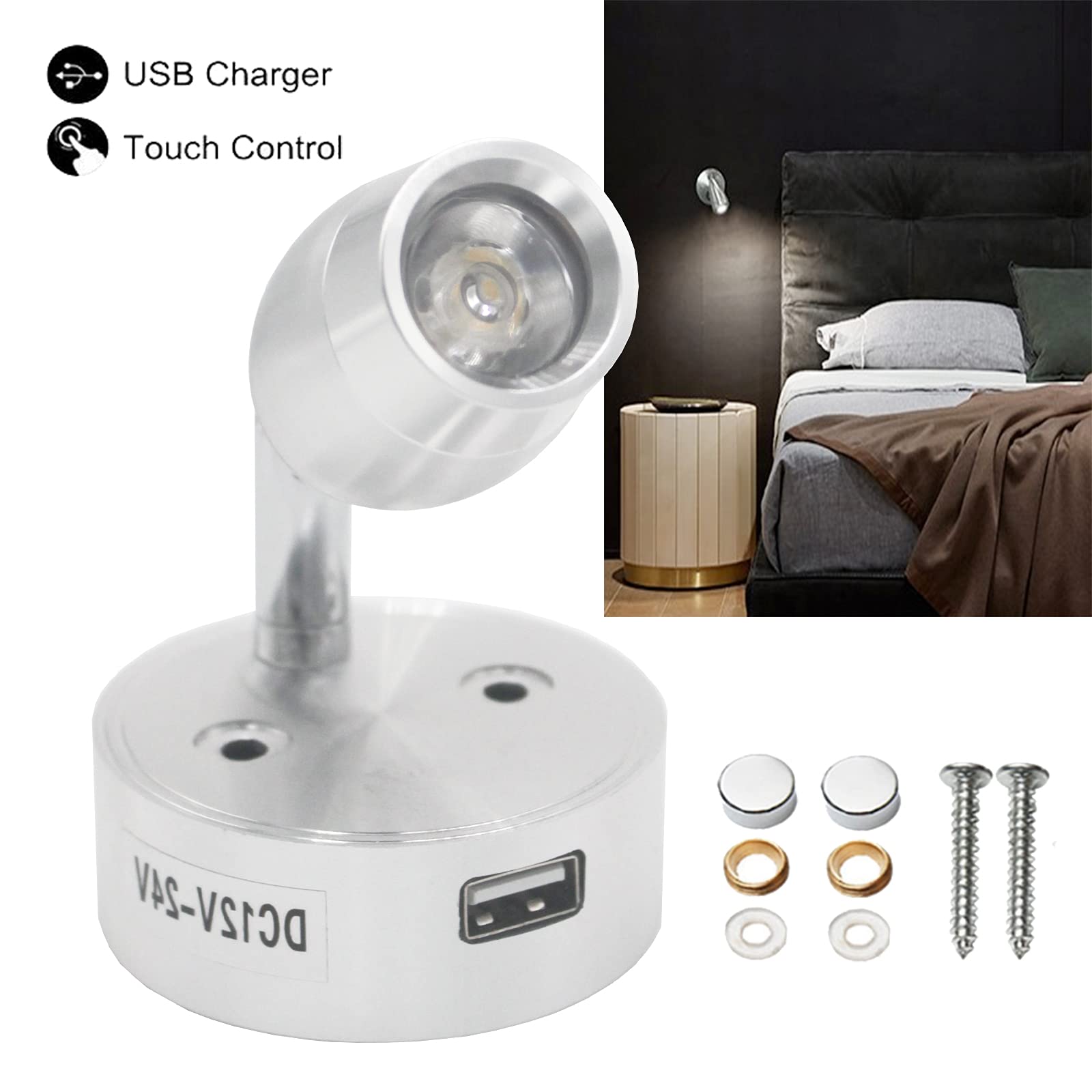 4 luces LED de 12 V para lectura de puntos interiores con puerto de alimentación USB, control táctil y cabezal ajustable para furgoneta, caravana, barco, RV, bombillas para coche (blanco cálido)