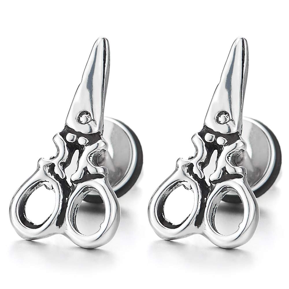 Vintage Tijeras Pendientes de Hombres Mujer, Acero Inoxidable, Estilo Retro, Cierre Tornillo, 2 Piezas