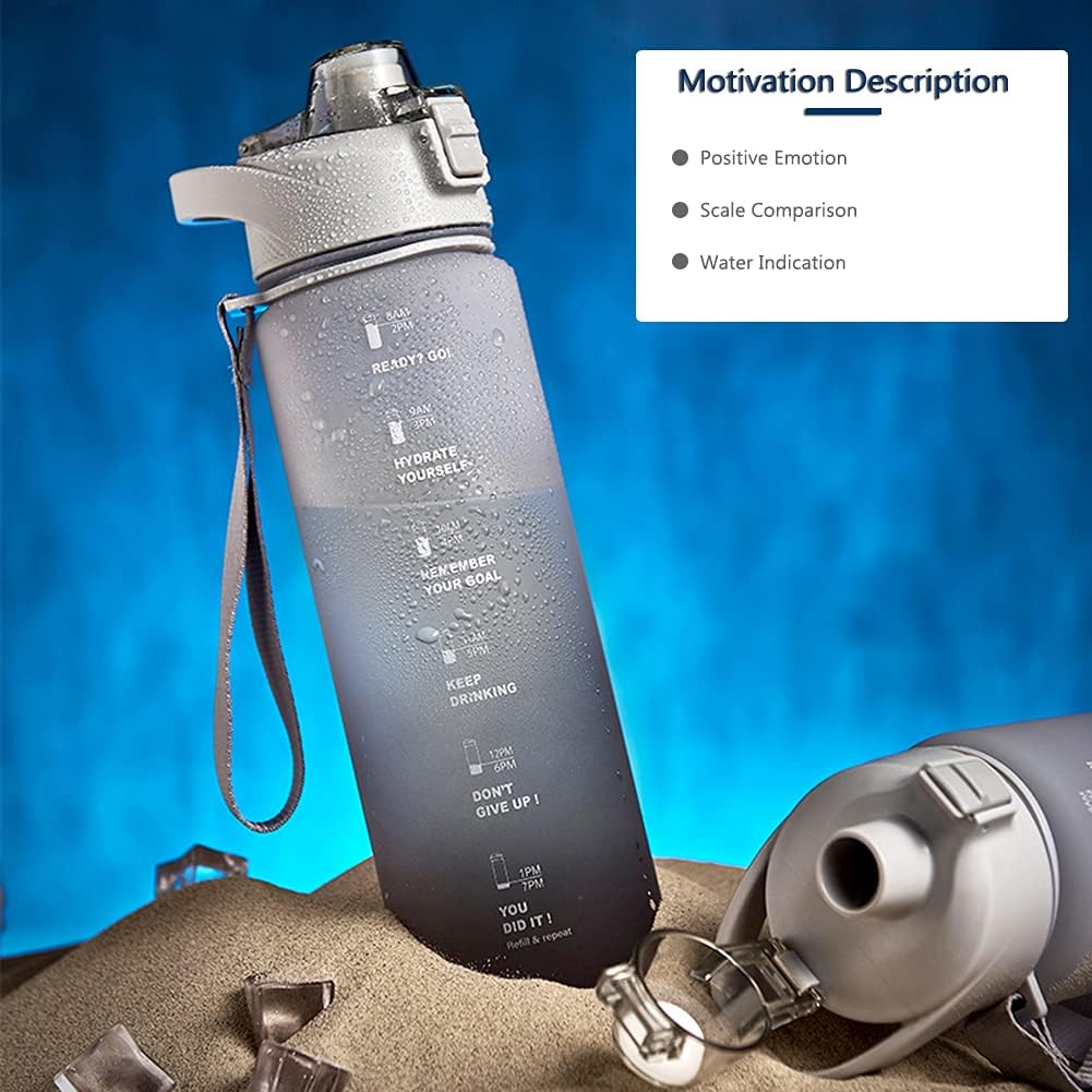 DEARART 32oz Grey Multicolor Water Bottle, Detachable Straw Wide Mouth Motivational & Time Marker with Handle Easy Carried, Suit Travel Office Yoga Gym School Work etc. - Image 2