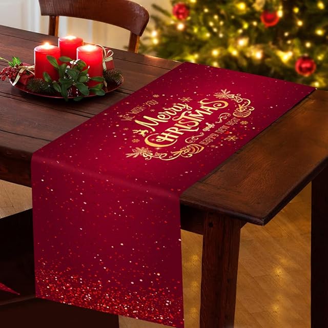 SRXWO Christmas Table Runner, Waterproof Long Red Oxford Christmas Dinner Table Cloth and Runners 180 x 34cm, Rectangle Xmas Table Runners Tablecloth for Dining Party Christmas Table Decorations