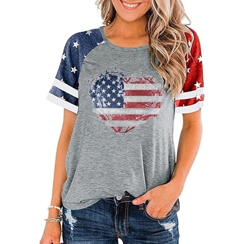 American Flag Shirts for Women 4th of July Patriotic Shirt Graphic Blouse USA Flag Tops Summer Tee(X-Large,Grey02) Cover