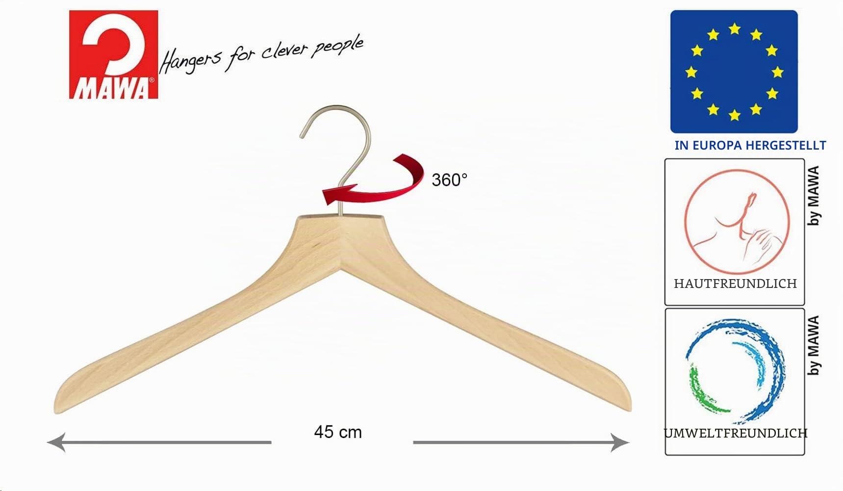MAWA Kleiderbügel aus Holz, 10 Stück, hochwertiger Holzbügel für Jacken, Mäntel Pullover und mehr, FSC® Zertifiziert, 360° drehbarer Haken, Kleiderbügel aus Buchenholz, 45 cm, Natur