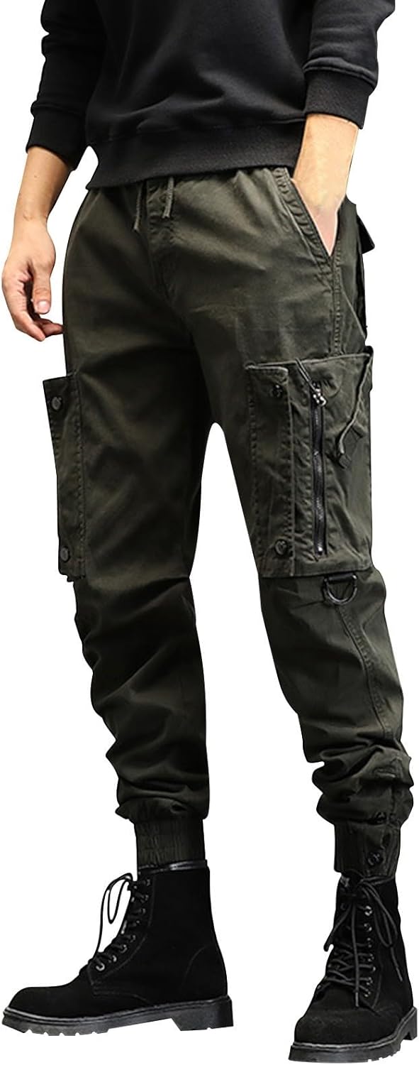 Mens Hip Hop Tactical Pants Slim Fit Stretch Cotton Cargo Jogger Pants Zipper Pockets Tapered Military Hiking Pants