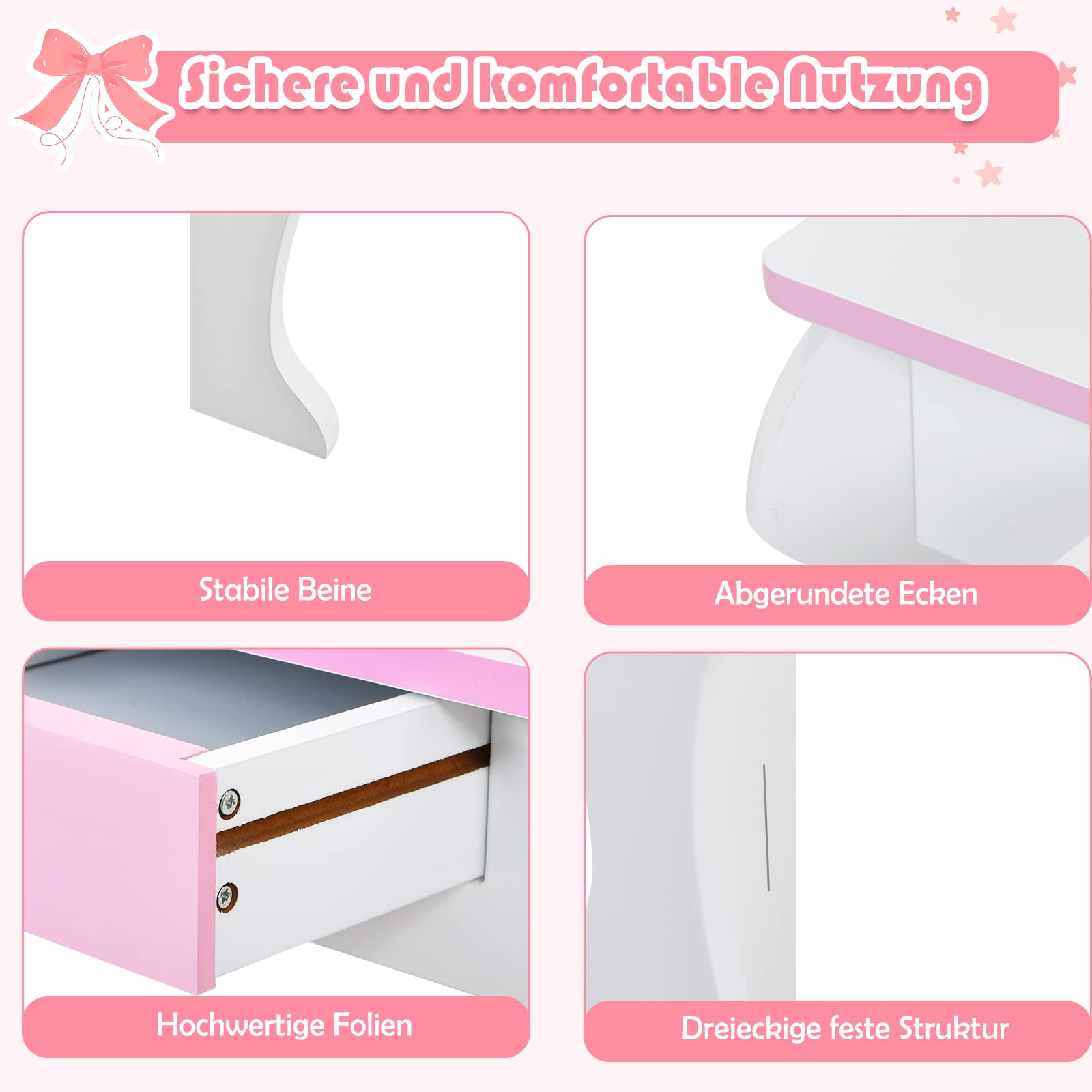 LIFEZEAL Set Toeletta di Unicorno per Bambini con Sgabello e Specchio Rimovibili in Stile Principessa, Tavolo Cosmetico per Ragazzi in Legno, Tavolo da Trucco per Camera da Letto (rosa)
