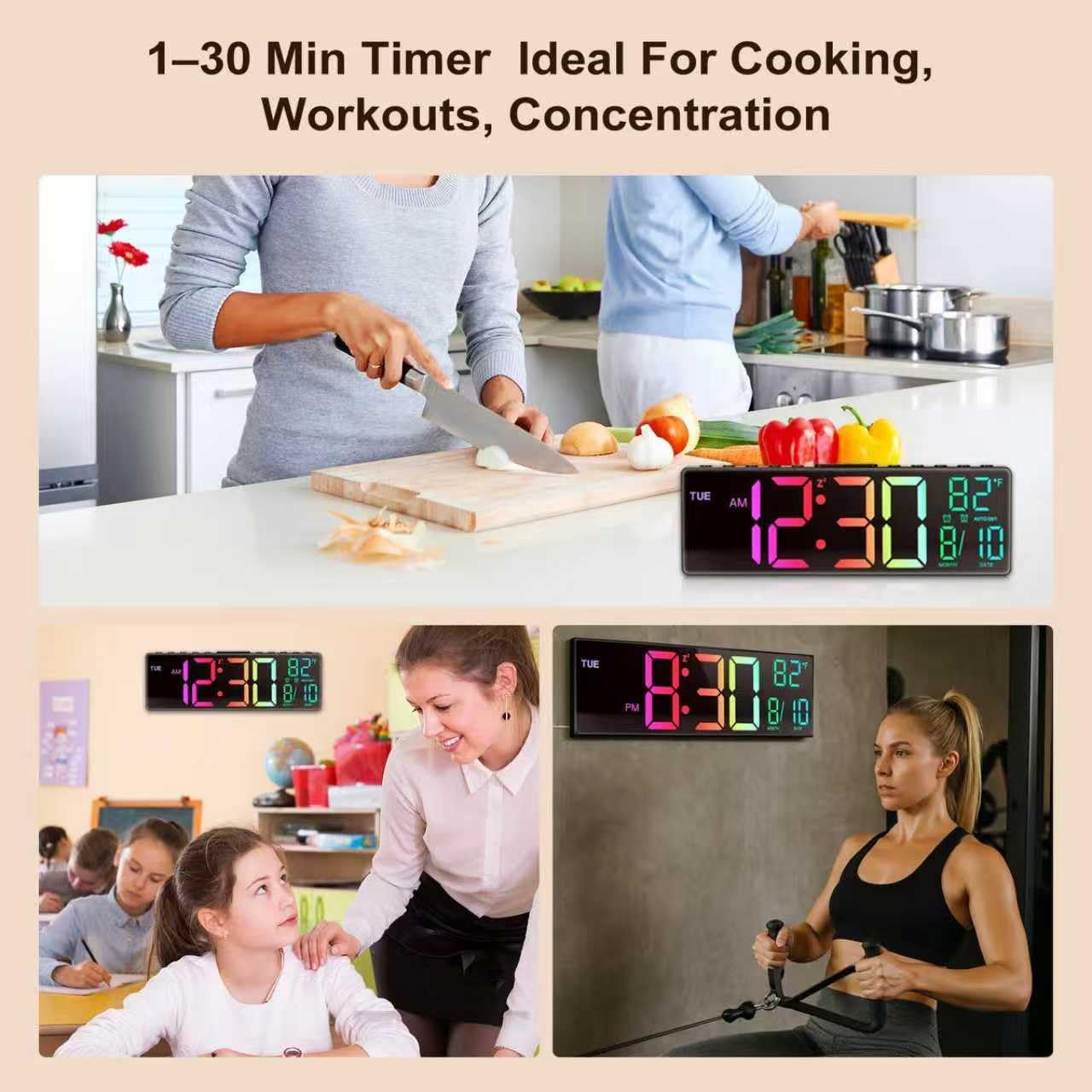 HUO JI RGB Digital Clock showing timer in use for cooking, workout, and concentration